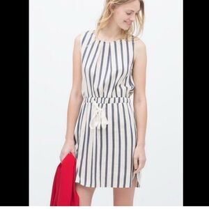 ZARA Blue White Striped Linen Blend Sleeveless Dress Size M